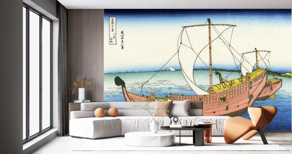 壁紙アート 葛飾北斎 冨嶽三十六景 上総ノ海路 クロス 日本画 デザイン インテリア 絵画 時代 風景 デジタルプリント のり無し 塩化ビニル樹脂系壁紙