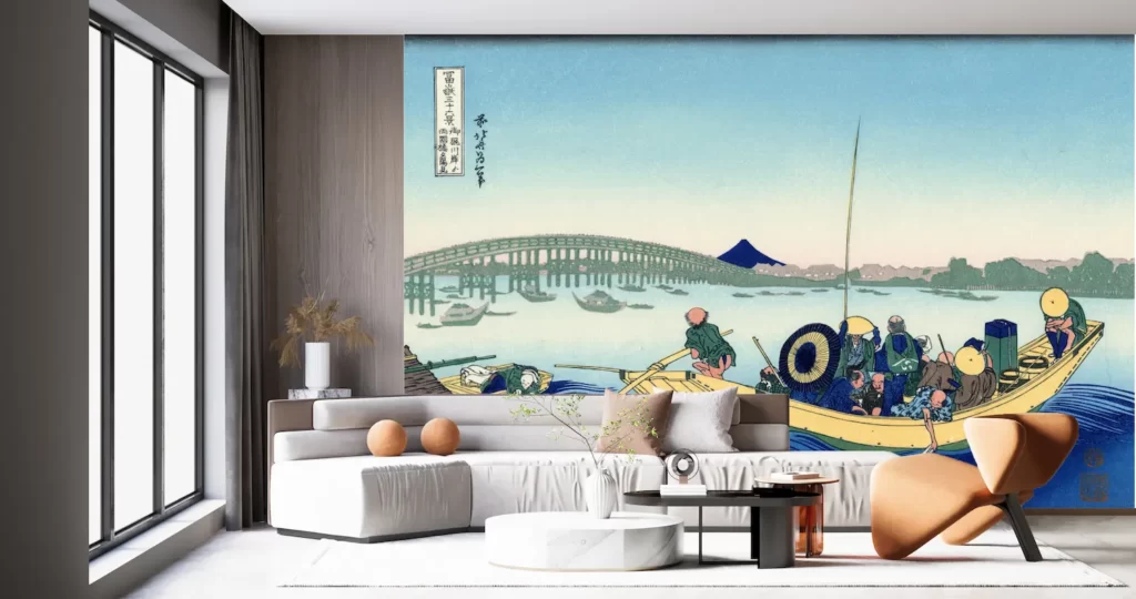 壁紙アート 葛飾北斎 冨嶽三十六景 御厩川岸より両国橋夕陽見 クロス 日本画 インテリア 絵画 風景 デジタルプリント のり無し 塩化ビニル樹脂系壁紙