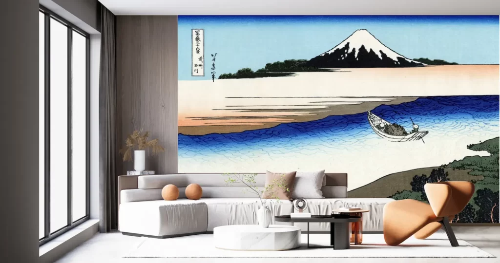 壁紙アート 葛飾北斎 冨嶽三十六景 武州玉川 クロス 日本画 インテリア 絵画 時代 風景 デジタルプリント のり無し 塩化ビニル樹脂系壁紙