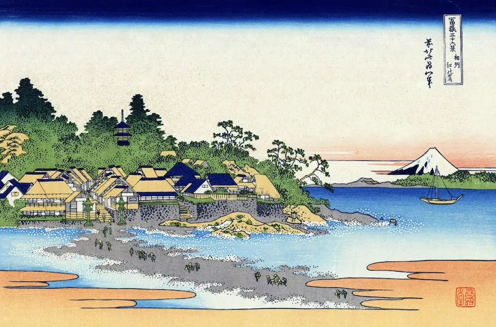 壁紙アート 葛飾北斎 冨嶽三十六景 相州江の嶌 クロス 日本画 インテリア 絵画 時代 風景 デジタルプリント のり無し 塩化ビニル樹脂系壁紙