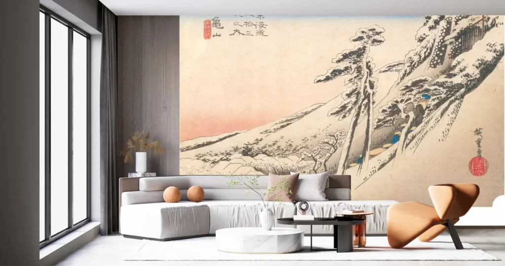 【新商品】壁紙アート歌川広重 東海道五拾三次之内 亀山 雪晴 クロス 日本画 インテリア 絵画 時代 風景 デジタルプリント のり無し 塩化ビニル樹脂系壁紙