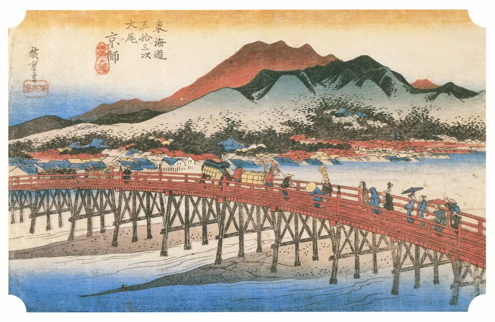 【新商品】壁紙アート歌川広重 東海道五拾三次之内 京師 三条大橋 クロス 日本画 インテリア 絵画 時代 風景 デジタルプリント のり無し 塩化ビニル樹脂系壁紙